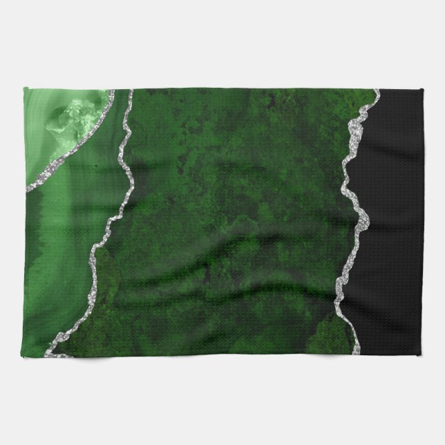 Glamorous Forest Green Marble Chic Silver Glitter Kitchen Towel (Horizontal)