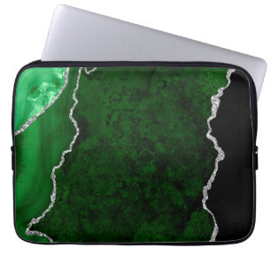 Glamorous Forest Green Marble Chic Silver Glitter Laptop Sleeve