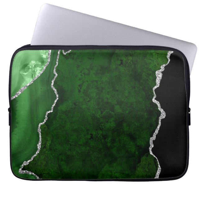 Glamorous Forest Green Marble Chic Silver Glitter Laptop Sleeve (Front)