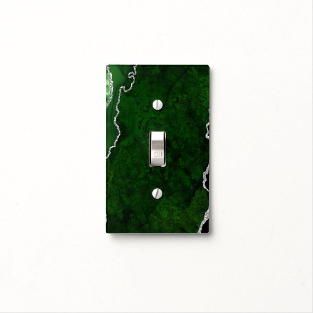 Glamorous Forest Green Marble Chic Silver Glitter Light Switch Cover (In Situ)