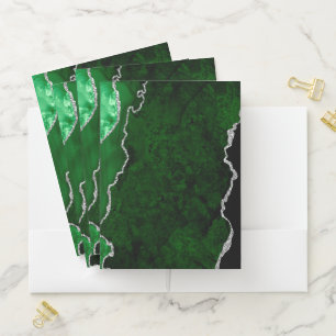 Glamorous Forest Green Marble Chic Silver Glitter Pocket Folder