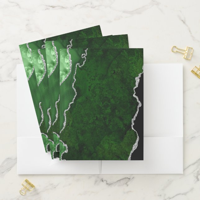 Glamorous Forest Green Marble Chic Silver Glitter Pocket Folder (In Situ)