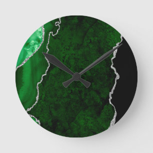 Glamorous Forest Green Marble Chic Silver Glitter Round Clock