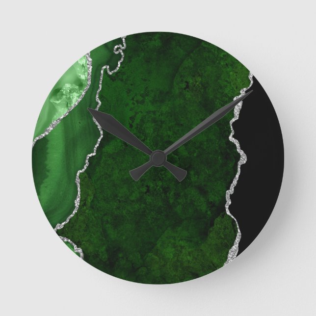 Glamorous Forest Green Marble Chic Silver Glitter Round Clock (Front)