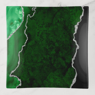 Glamorous Forest Green Marble Chic Silver Glitter Trinket Tray