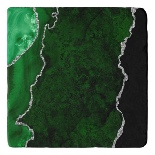 Glamorous Forest Green Marble Chic Silver Glitter Trivet