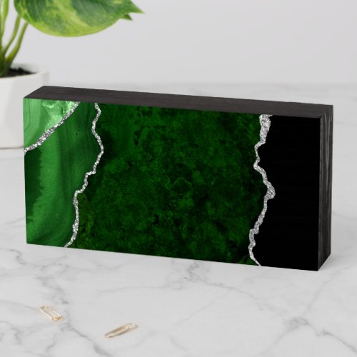 Glamorous Forest Green Marble Chic Silver Glitter Wooden Box Sign