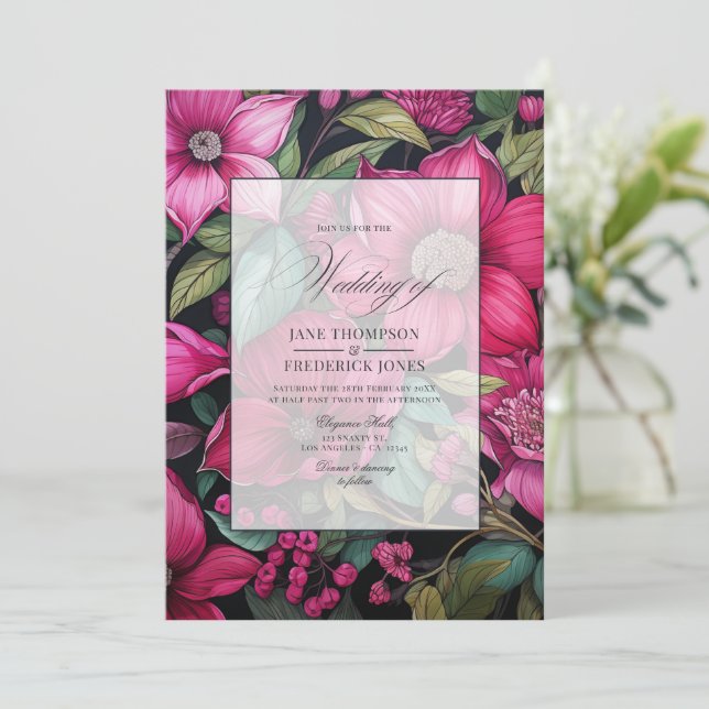 Glamorous Fuchsia, Emerald Green & Black Floral Invitation (Standing Front)