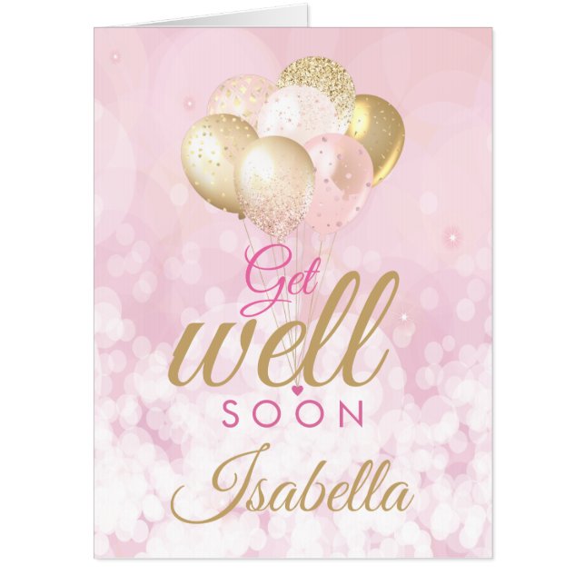 Glamorous Get Well Soon Pink Glitter Balloons BIG Card (Front)