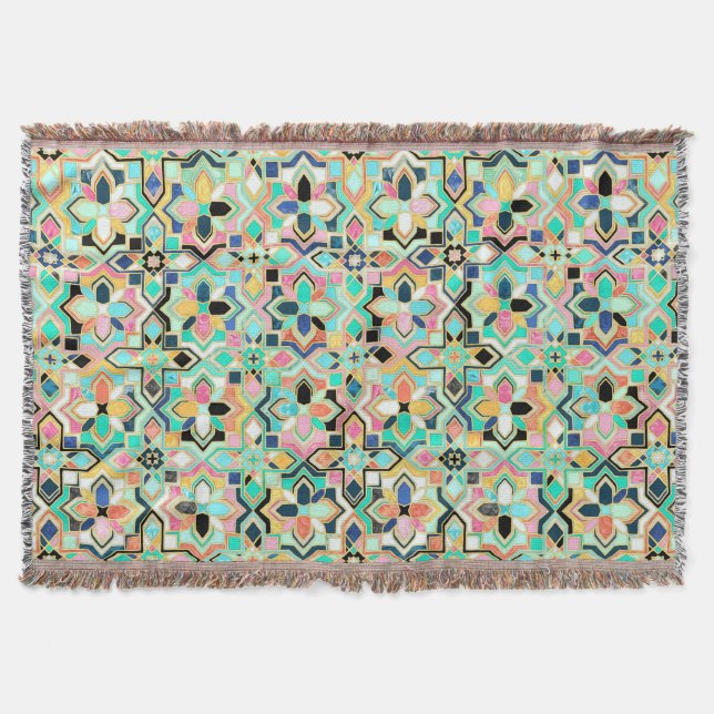 Glamorous Gilded Moroccan Tile Pattern Throw Blanket (Front)