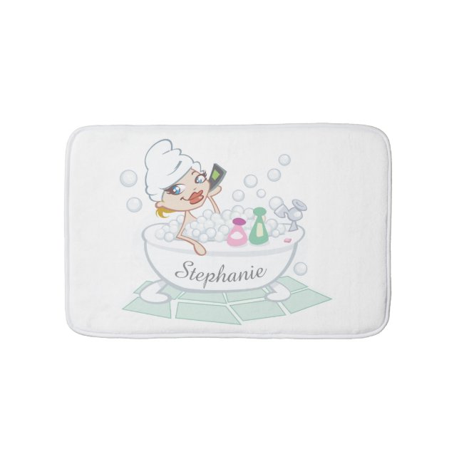 Glamorous Girl in Bubble Bath Tub Personalised Bath Mat (Front)