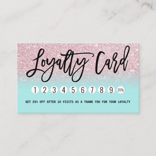 Glamorous Girly Mint Pink Glitter Modern Ombre Loyalty Card