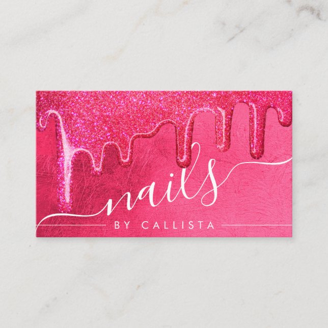 Glamorous Girly Neon Pink Thick Glitter Drip Nails Business Card (Front)