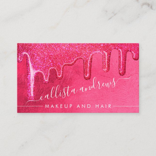 Glamorous Girly Neon Pink Thick Glitter Drips Business Card (Front)