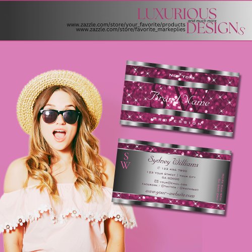 Glamorous Girly Pink Glitter Stars Monogram Silver Business Card