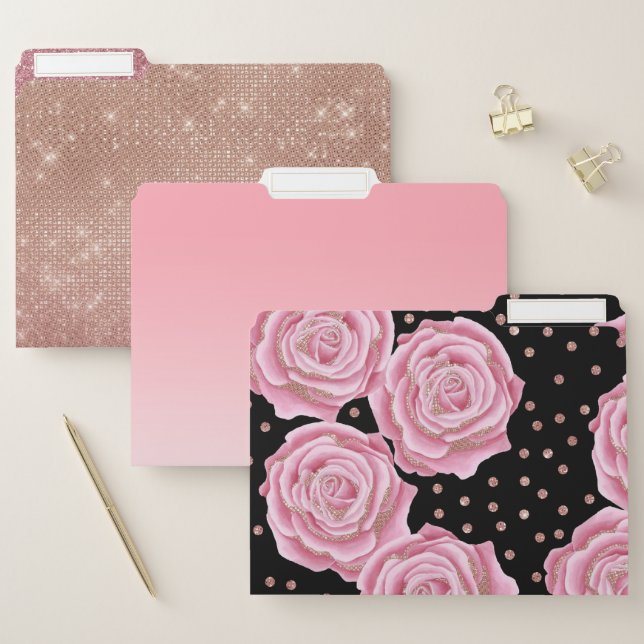 Glamorous Girly Rose Gold Pink Glitter Flowers File Folder (Set)