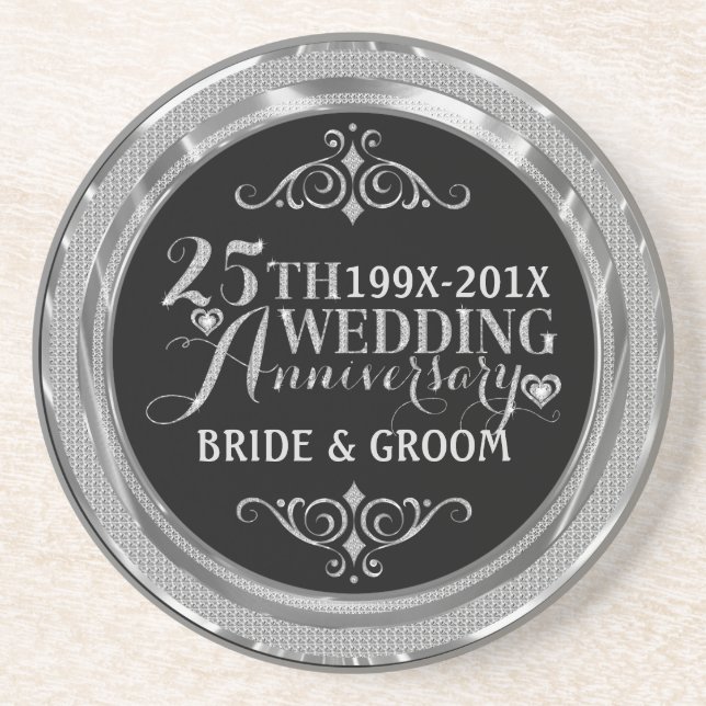 Glamorous Glitter 25th Wedding Anniversary Pattern Coaster (Front)
