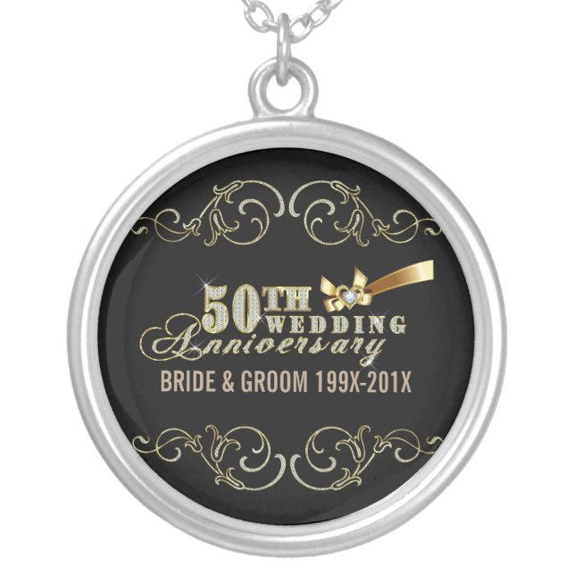 Glamorous Glitter 50th Wedding Anniversary Pattern Silver Plated Necklace (Front)