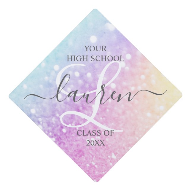 Glamorous Glitter Holograph Monogrammed Pretty Graduation Cap Topper (Front)