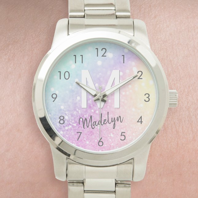 Glamorous Glitter Holograph Monogrammed Pretty Watch (Nothing says glam like this stunning watch that features a holographic glitter effect and your name.)