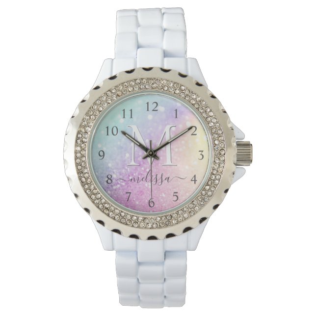 Glamorous Glitter Holograph Monogrammed Pretty Watch (Front)