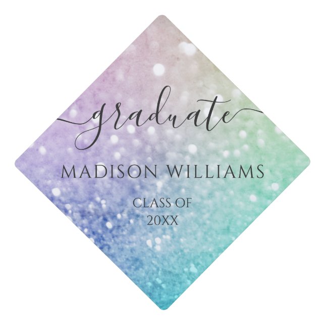 Glamorous Glitter Holograph Pretty Personalized Graduation Cap Topper (Front)
