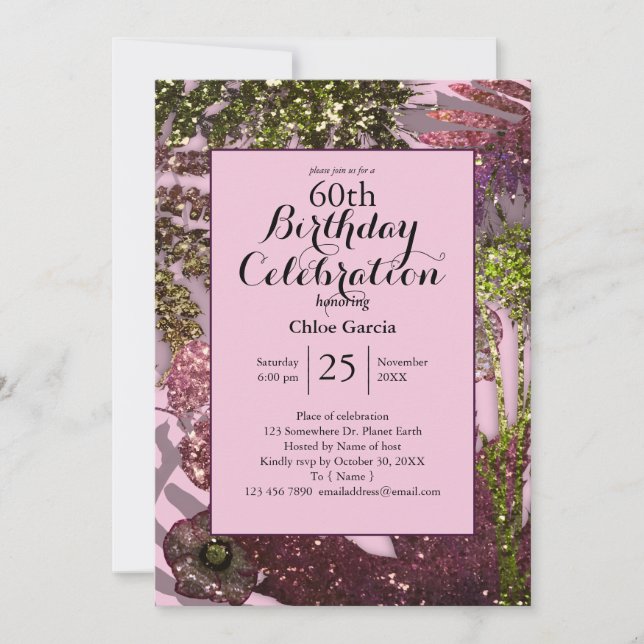 Glamorous Glitter Indian Florals  | Sparkle Pink Invitation (Front)