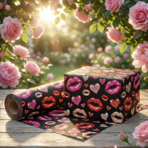 Glamorous Glitter Lips Kisses Black Pop Art Wrapping Paper Sheets