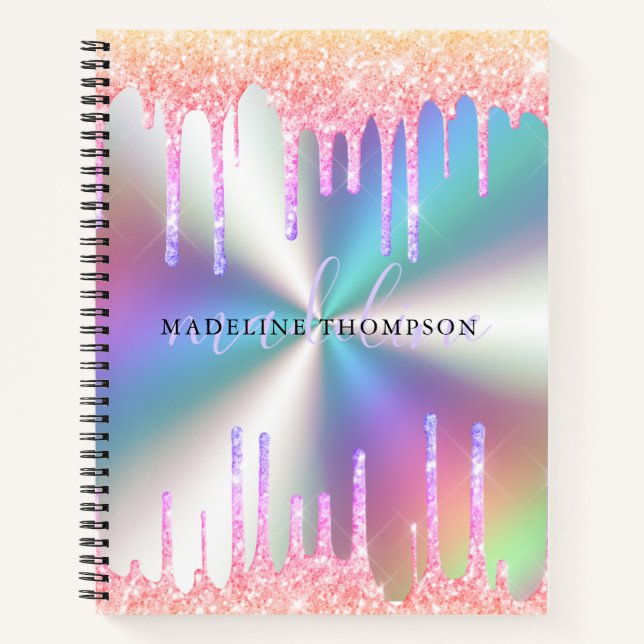 Glamorous Glitter Melt Holographic Name Notebook (Front)