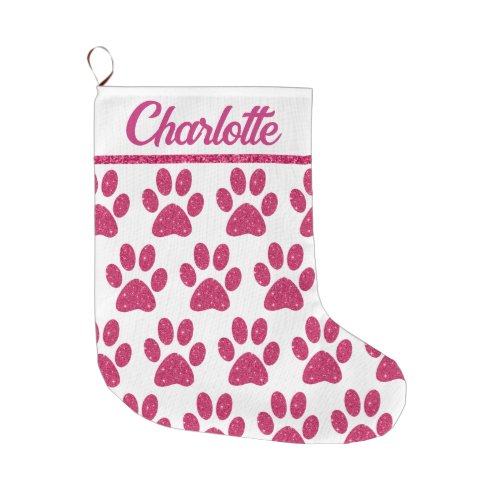 Glamorous Glitter Pink Paw Prints on White Large Christmas Stocking