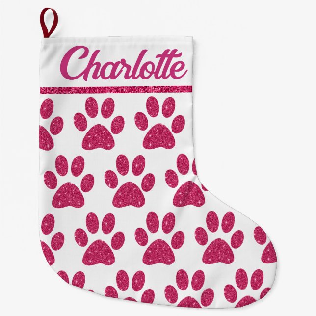 Glamorous Glitter Pink Paw Prints on White Large Christmas Stocking (Front)