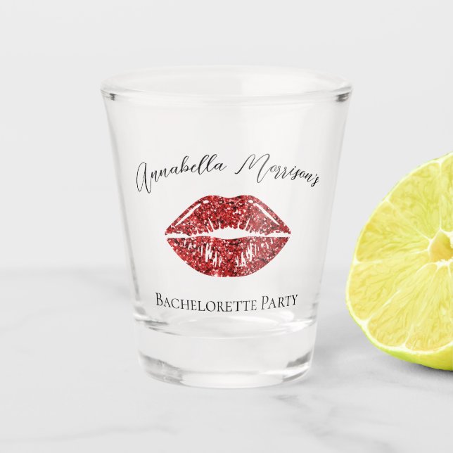 Glamorous Glitter Red Lips Bachelorette Shot Glass (Front)