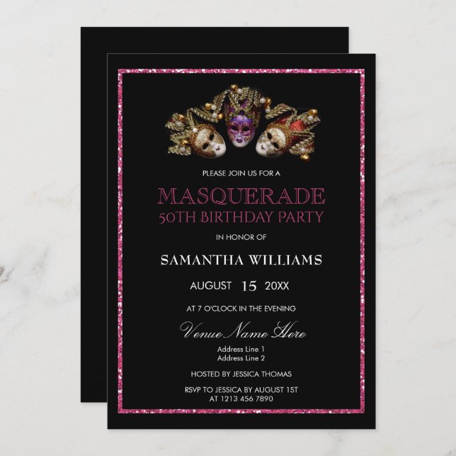 Glamorous Glitters  Masquerade 50th Birthday Invitation (Front/Back)