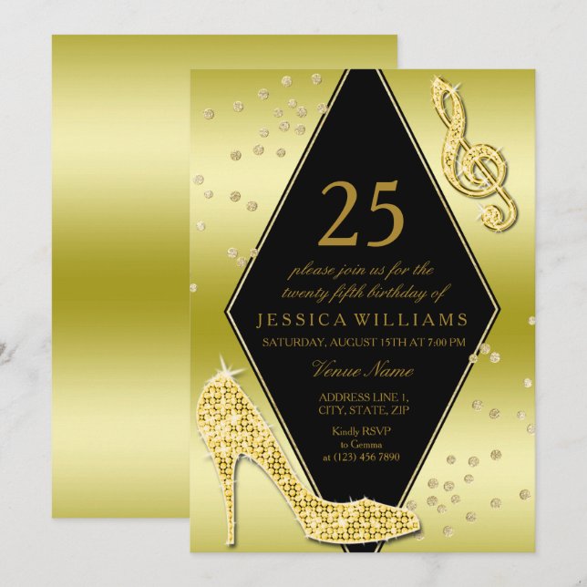 Glamorous Glitzy Gold 25th Birthday Invitation (Front/Back)