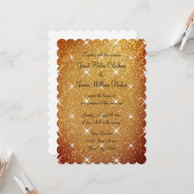 Glamorous glitzy gold glitter wedding invitations (Front/Back In Situ)