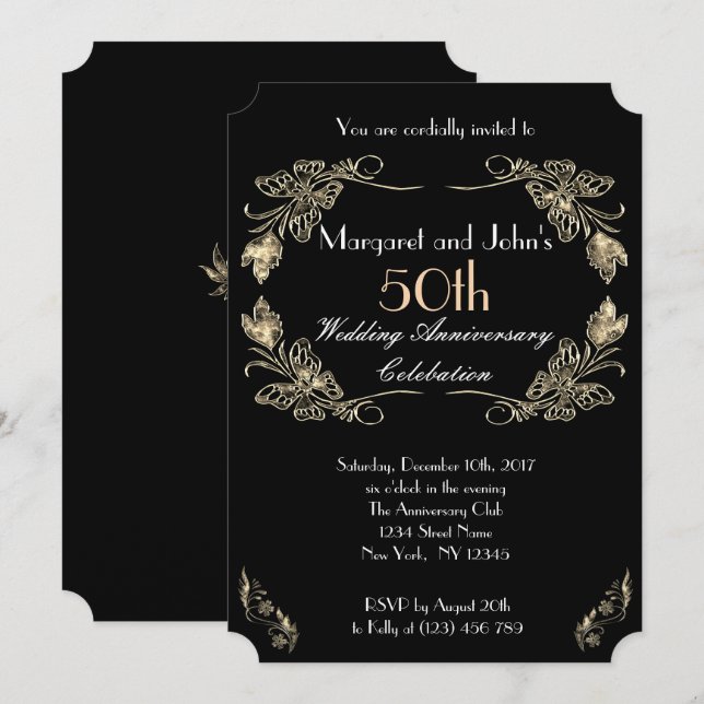 Glamorous Gold and Black 50th Wedding Anniversary Invitation (Front/Back)