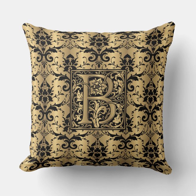 Glamorous Gold and Black Damask Print Monogram B Throw Pillow (Front)