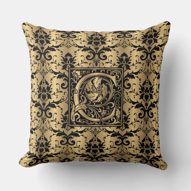 Glamorous Gold and Black Damask Print Monogram C Throw Pillow (Front)