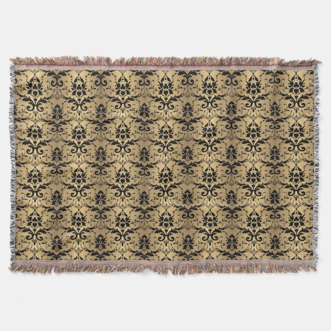 Glamorous Gold and Black Damask Print Throw Blanket (Front)