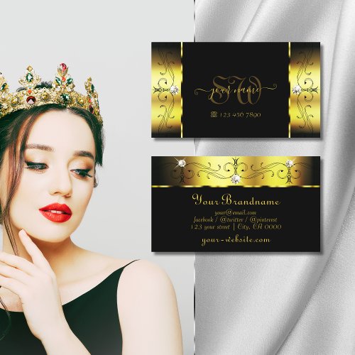 Glamorous Gold and Black Squiggled Jewels Monogram Business Card