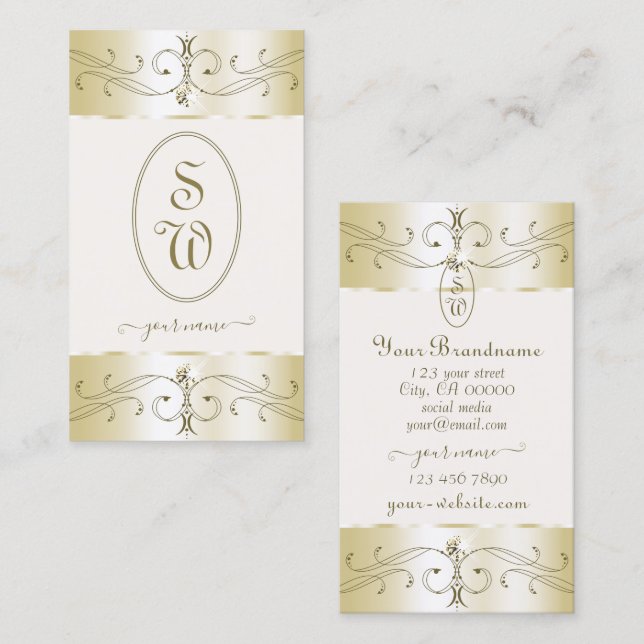 Glamorous Gold and Cream Ornate Ornaments Monogram Business Card (Front/Back)