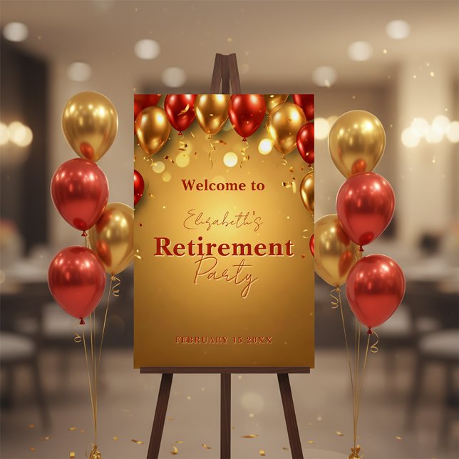 Glamorous Gold and Red Balloons Retirement Party Foam Board (Creator Uploaded)