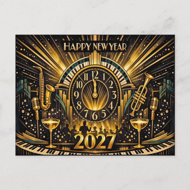 Glamorous Gold Art Deco New Year Jazz Celebration Holiday Postcard (Front)