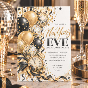 Glamorous Gold Balloon New Year’s Eve Party Invitation