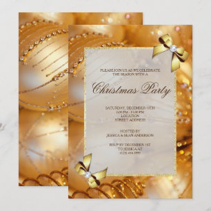 Glamorous Gold Baubles & Bows Christmas Party Invitation