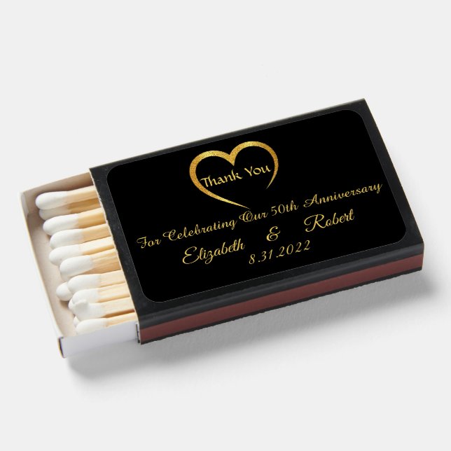 Glamorous Gold & Black 50th Anniversary Favor Matchboxes (Front Open)