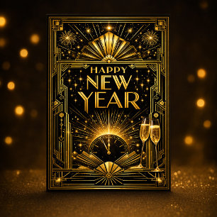 Glamorous Gold Black Art Deco New Year Holiday Card