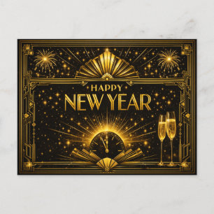 Glamorous Gold Black Art Deco New Year Holiday Postcard