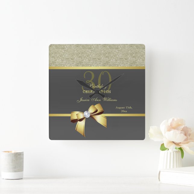 Glamorous Gold & Black Birthday   Square Wall Clock (Home)