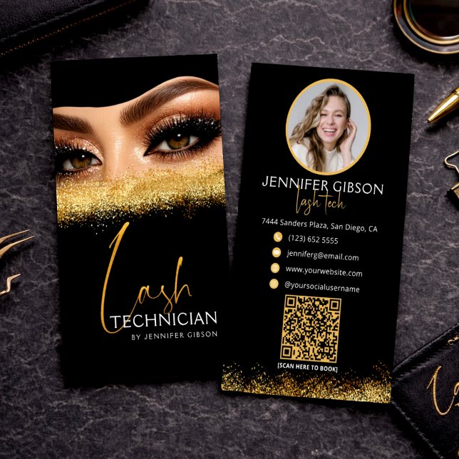Glamorous Gold & Black Lash Tech QR Code  Business Card (Creator Uploaded)